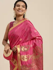 MIMOSA Pink & Golden Ethnic Motifs Zari Art Silk Kanjeevaram Saree