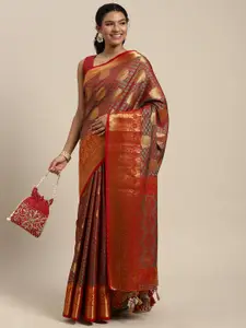 MIMOSA Maroon & Golden Ethnic Motifs Zari Art Silk Kanjeevaram Saree