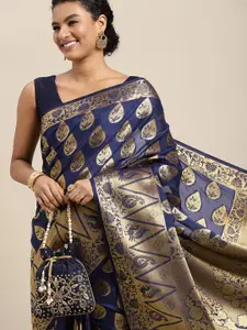 MIMOSA Navy Blue & Golden Ethnic Motifs Saree