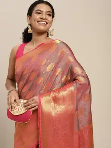 MIMOSA Pink & Golden Ethnic Motifs Zari Art Silk Kanjeevaram Saree
