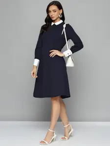 Chemistry Navy Blue Contrast Shirt Collar A-Line Dress