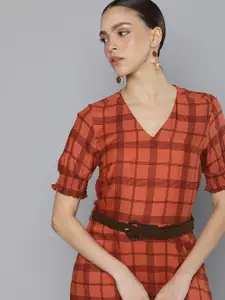 Chemistry Rust Orange & Coffee Brown Checked Belted A-Line Midi Dress