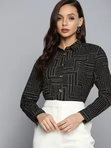 Chemistry Women Black & White Pure Cotton Printed Casual Shirt