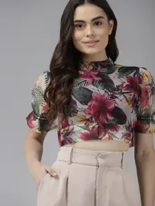 The Dry State White & Pink Floral Printed Chiffon Blouson Crop Top With Back Tie Up Knot