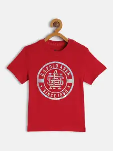 U.S. Polo Assn. Kids Boys Red Brand Logo Print Round Neck Pure Cotton T-shirt