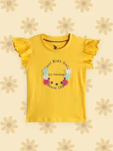 U.S. Polo Assn. Kids Girls Yellow & Black Brand Logo Printed Pure Cotton Applique T-shirt