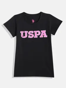 U.S. Polo Assn. Kids Girls Black & Pink Brand Logo Sequin Embellished Pure Cotton T-shirt