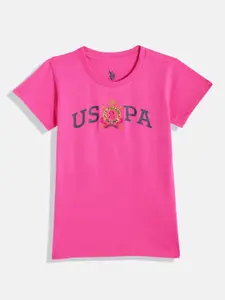 U.S. Polo Assn. Kids Girls Pink Brand Logo Printed Pure Cotton T-shirt