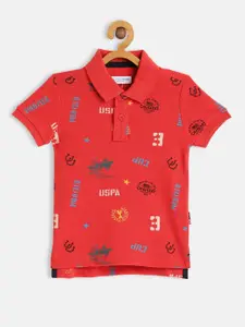 U.S. Polo Assn. Kids Boys Red Typography Print Polo Collar Pure Cotton T-shirt