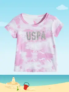 U.S. Polo Assn. Kids Girls Pink Tie and Dye Printed Pure Cotton T-shirt