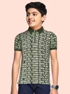 U.S. Polo Assn. Kids Boys Green Typography Printed Polo Collar Pure Cotton T-shirt