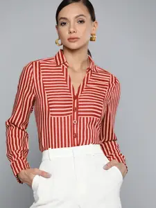 Chemistry Women Red & Off-White Striped Casual Shirt