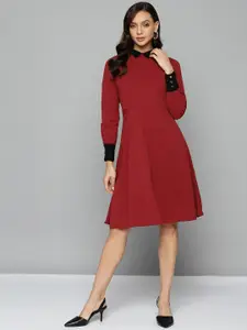 Chemistry Women Coral Pink Solid A-Line Zipper Highlight Dress