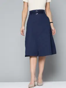 Chemistry Women Navy Blue Solid A-Line Skirt with Belt