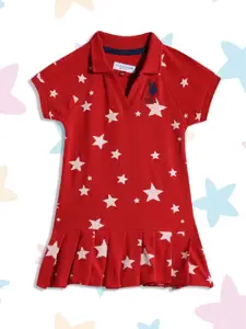 U.S. Polo Assn. Kids Girls Red Printed Pure Cotton Pleated T-shirt Dress