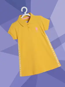 U.S. Polo Assn. Kids Yellow Solid Polo Collar Knitted Side Tape Pure Cotton A-Line Dress