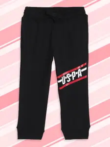 U.S. Polo Assn. Kids Boys Black Solid Pure Cotton Knitted Joggers with Brand Logo Print