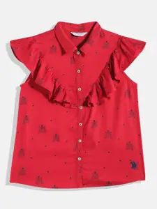 U.S. Polo Assn. Kids Red Brand Logo Printed Ruffles Shirt Style Top