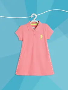 U.S. Polo Assn. Kids Pink Solid Polo Collar Knitted Side Tape Pure Cotton A-Line Dress