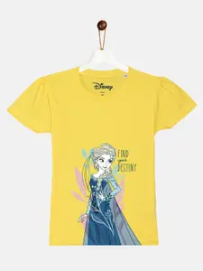 YK Disney Girls Yellow Disney Frozen Printed Cotton T-shirt