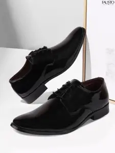 FAUSTO Men Black Solid Patent Leather Derby Shoes