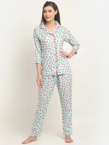 Claura Women Turquoise Blue & Pink Printed Night suit
