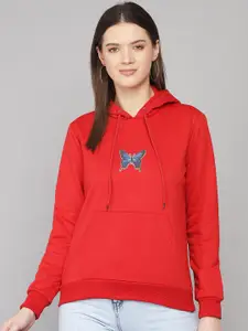 Kotty Women Red Printed Hooded Fleece Sweatshirt