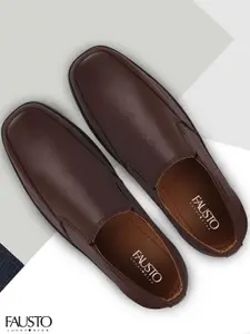 FAUSTO Men Brown Solid Leather Formal Slip-On Shoes