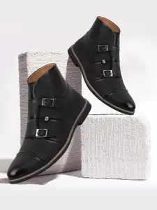 FAUSTO Men Black Striped Lightweight PU Monks