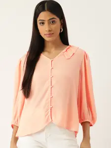 Madame Peach-Coloured Ruffles Shirt Style Top with Puff Sleeves