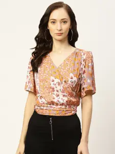 Madame Beige & Taupe Floral Print Wrap Top