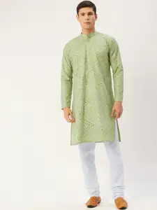 Jompers Men Green & White Embroidered Mirror Work Pure Cotton Kurta with Churidar