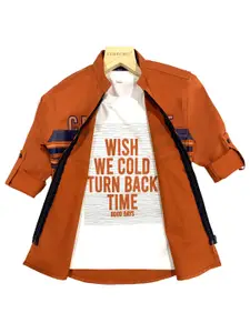 CHARCHIT Boys Rust Brown Printed Cotton Blend Casual Shirt with T-Shirt