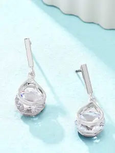 AMI Silver-Plated Cubic Zirconia Studded Teardrop Shaped Drop Earrings