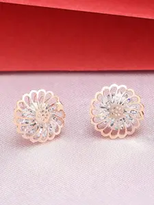AMI Rose Gold Plated CZ Studded Floral Studs Earrings