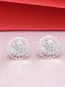 AMI Silver-Plated CZ Studded Floral Studs Earrings