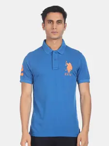 U.S. Polo Assn. Men Blue Printed Polo Collar Applique Cotton Winter T-shirt