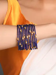 Fida Set Of 12 Gold-Plated White Stone-Studded Navy Blue Threaded Bangles