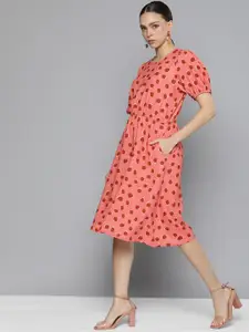 Chemistry Coral Pink & Red Puff Sleeves Printed Fit & Flare Dress