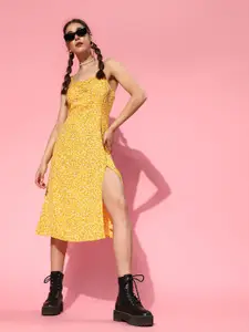 Berrylush Yellow & White Floral Crepe A-Line Midi Dress
