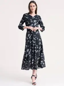 FableStreet Black Floral Formal Midi Dress