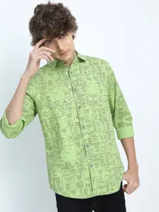HIGHLANDER Men Green & Black Slim Fit Printed Cotton Casual Shirt