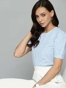 Chemistry Women Blue & White Pure Cotton Summer Checks Puff Sleeves Top