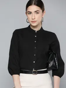 Chemistry Women Black Pure Cotton Solid Puff Sleeves Formal Shirt