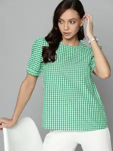 Chemistry Women Green & White Pure Cotton Summer Checks Puff Sleeves Top