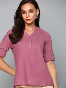 Chemistry Pink Pure Cotton Mandarin Collar Roll-Up Sleeves Top