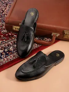 House of Pataudi Men Black Textured Handcrafted Mules