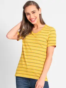 Jockey Women Yellow Striped V-Neck Pockets T-shirt