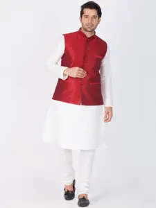 VASTRAMAY Men White Solid Kurta With Churidar & Nehru Jacket
