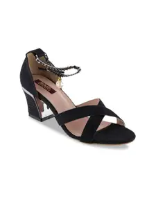 SHUZ TOUCH Black Embellished Open Toes Block Heel Sandals